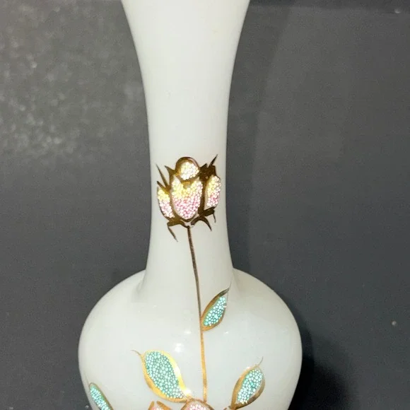Vtg Satin Frosted Glass 8" Bud Vase Sugar Bead Floral Hand Painted Gold Trim - Picture 4 of 16